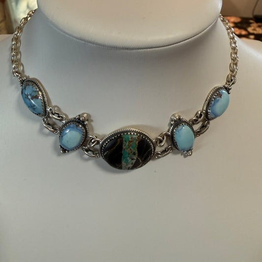 Blackjack and Golden Hills Turquoise Gemstone 16 Inch Choker Necklace Sterling Silver Wild West Boho