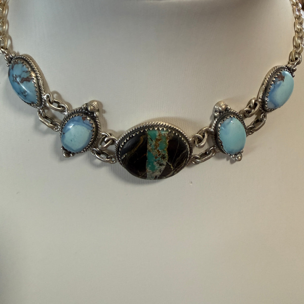Blackjack and Golden Hills Turquoise Gemstone 16 Inch Choker Necklace Sterling Silver Wild West Boho