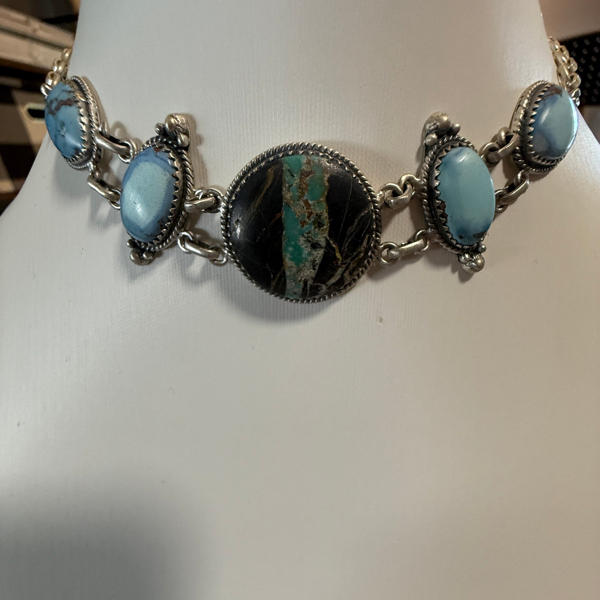 Blackjack and Golden Hills Turquoise Gemstone 16 Inch Choker Necklace Sterling Silver Wild West Boho