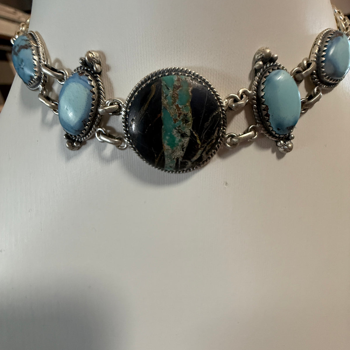 Blackjack and Golden Hills Turquoise Gemstone 16 Inch Choker Necklace Sterling Silver Wild West Boho