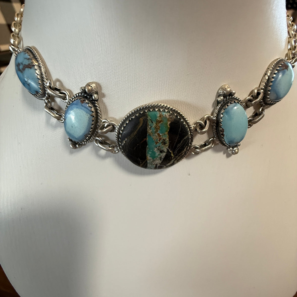 Blackjack and Golden Hills Turquoise Gemstone 16 Inch Choker Necklace Sterling Silver Wild West Boho