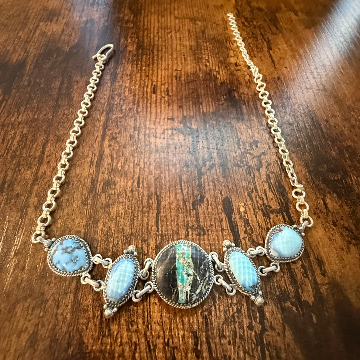 Blackjack and Golden Hills Turquoise Gemstone 16 Inch Choker Necklace Sterling Silver Wild West Boho
