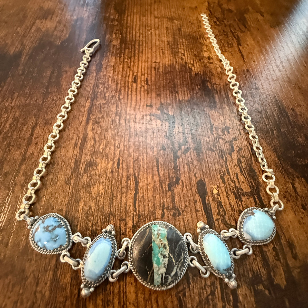 Blackjack and Golden Hills Turquoise Gemstone 16 Inch Choker Necklace Sterling Silver Wild West Boho