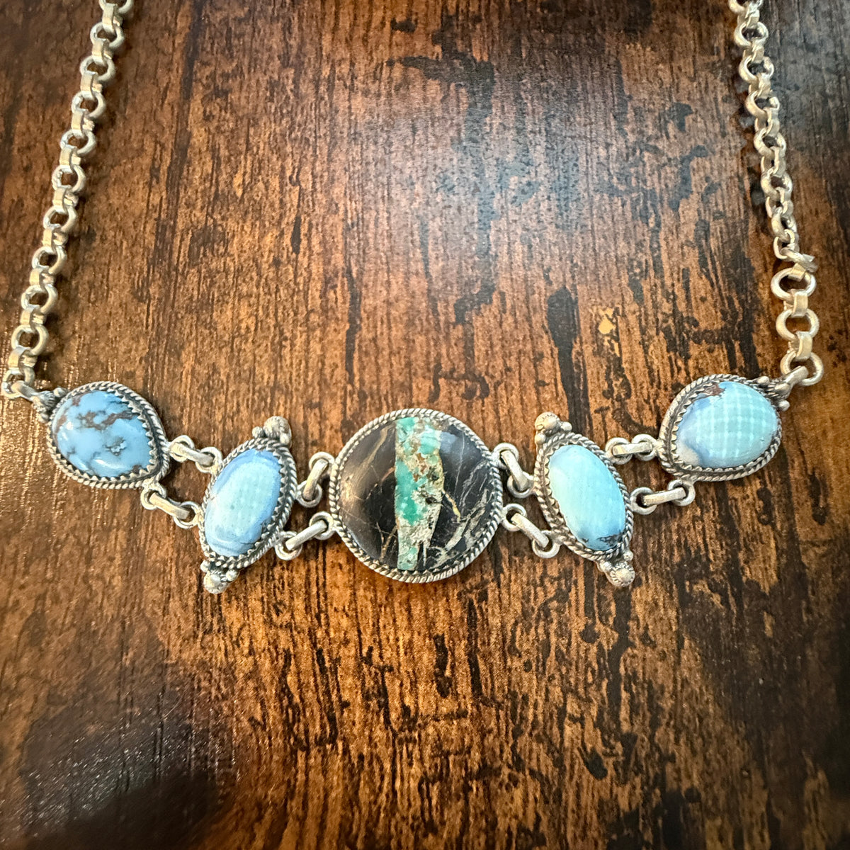 Blackjack and Golden Hills Turquoise Gemstone 16 Inch Choker Necklace Sterling Silver Wild West Boho