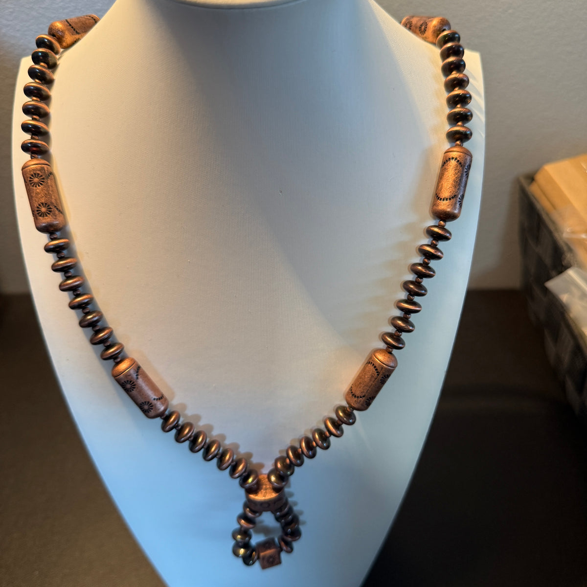 NKY260122-04                          30'' copper Navajo pearl and totem beads Necklace Wild West Boho
