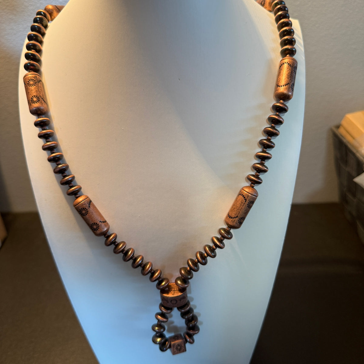 NKY260122-04                          30'' copper Navajo pearl and totem beads Necklace Wild West Boho