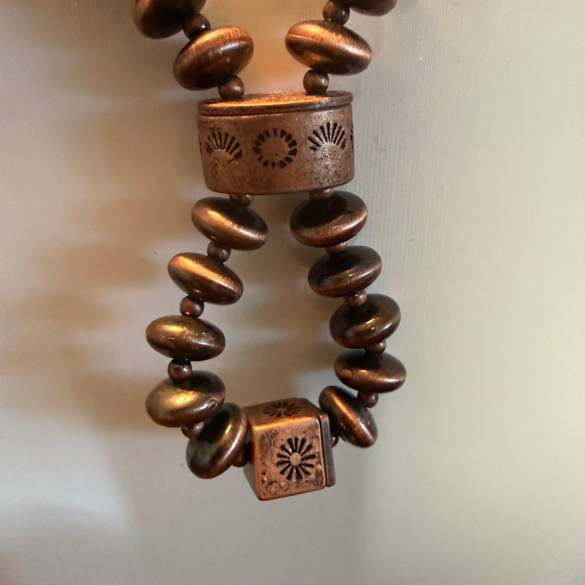 NKY260122-04                          30'' copper Navajo pearl and totem beads Necklace Wild West Boho