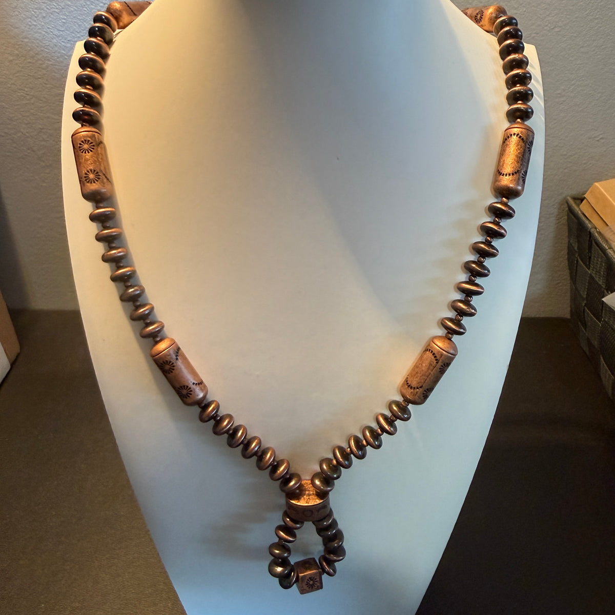 NKY260122-04                          30'' copper Navajo pearl and totem beads Necklace Wild West Boho