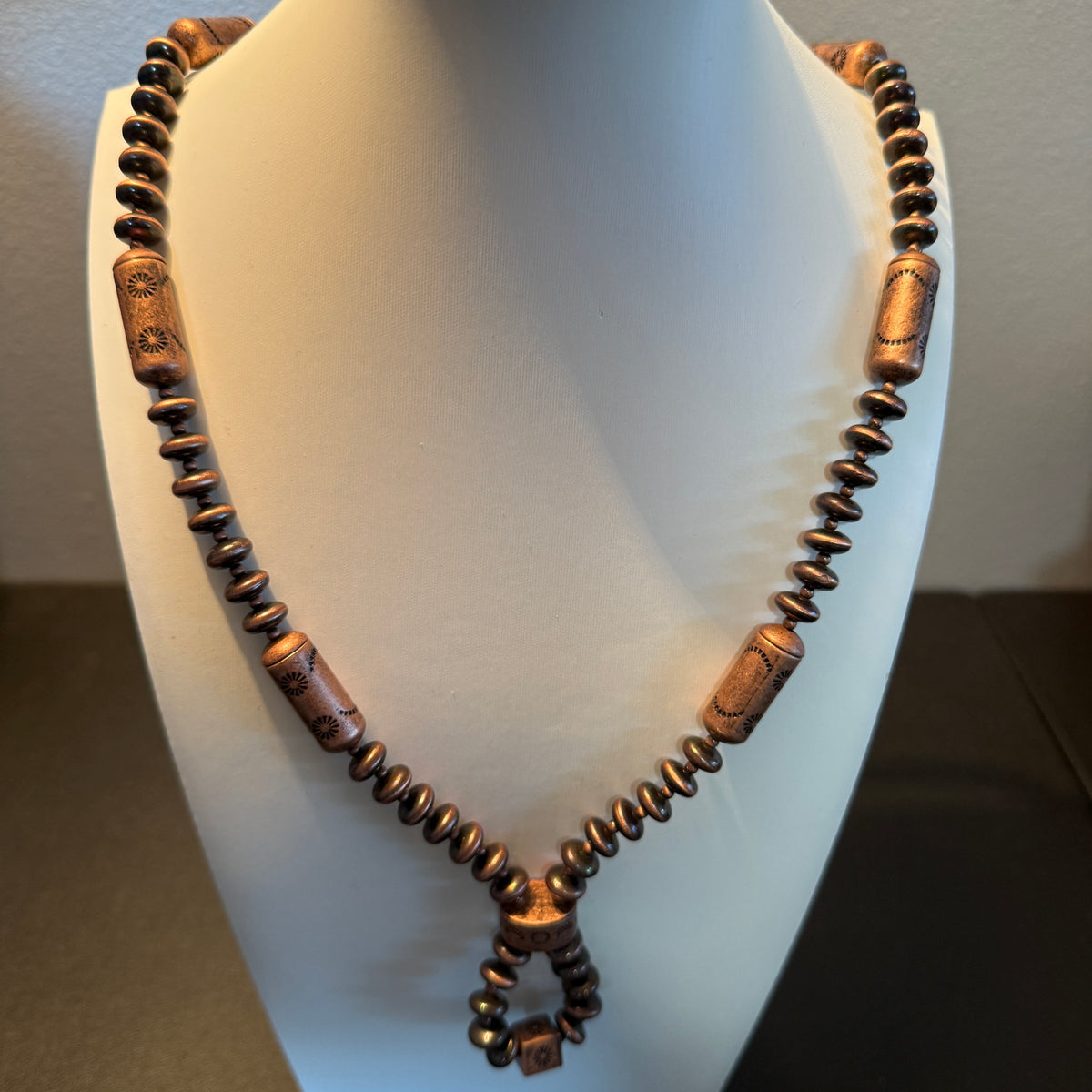 NKY260122-04                          30'' copper Navajo pearl and totem beads Necklace Wild West Boho