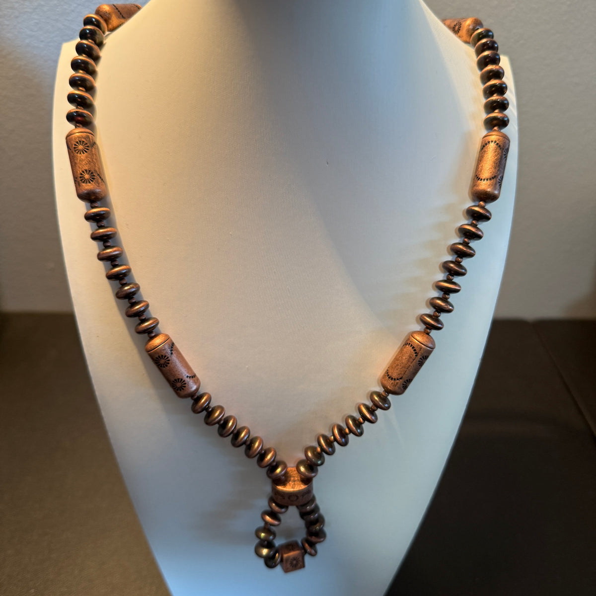 NKY260122-04                          30'' copper Navajo pearl and totem beads Necklace Wild West Boho