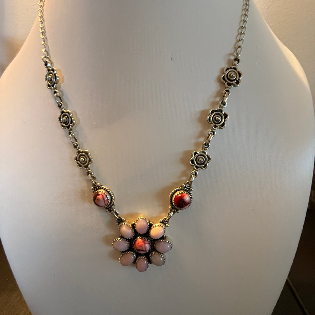 Pink Opal and Red Rose Dahlia 18 Inch Necklace in Sterling Silver Wild West Boho