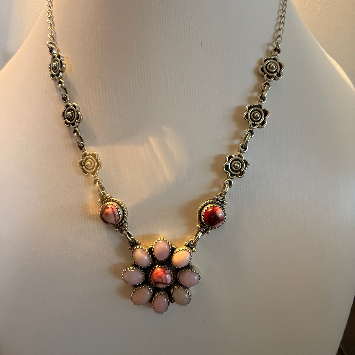 Pink Opal and Red Rose Dahlia 18 Inch Necklace in Sterling Silver Wild West Boho