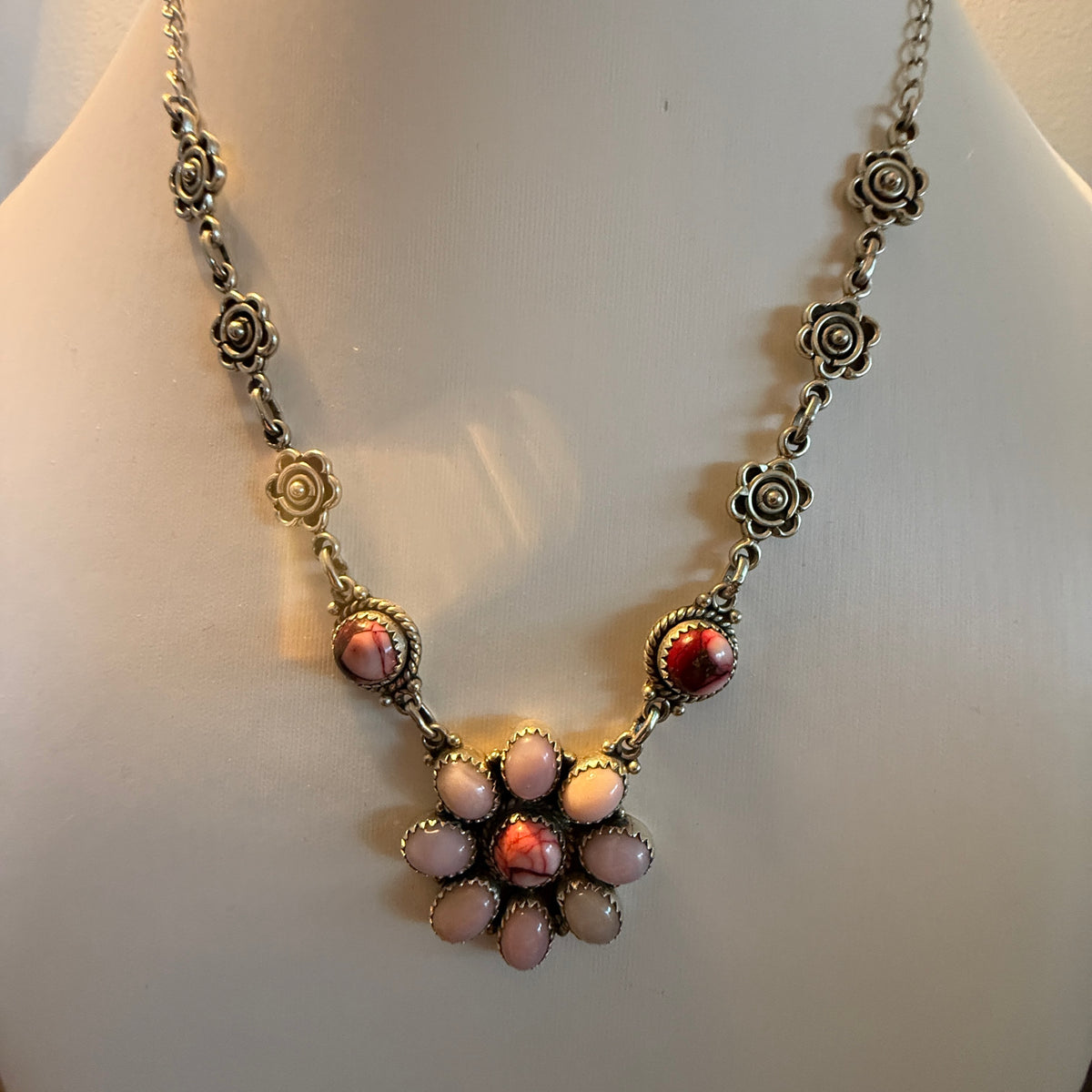 Pink Opal and Red Rose Dahlia 18 Inch Necklace in Sterling Silver Wild West Boho