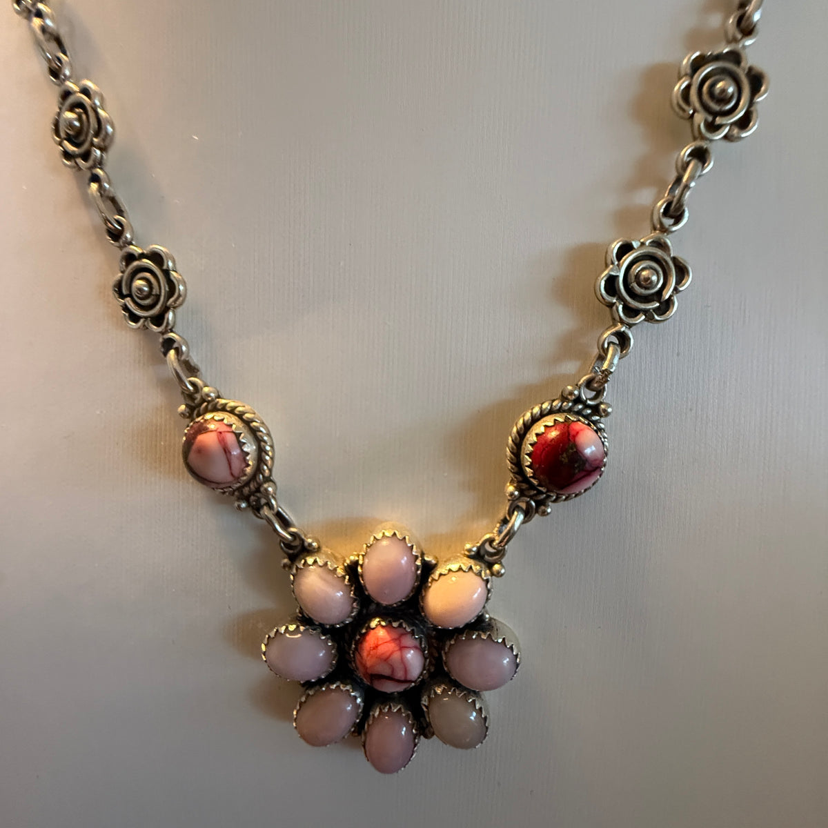 Pink Opal and Red Rose Dahlia 18 Inch Necklace in Sterling Silver Wild West Boho