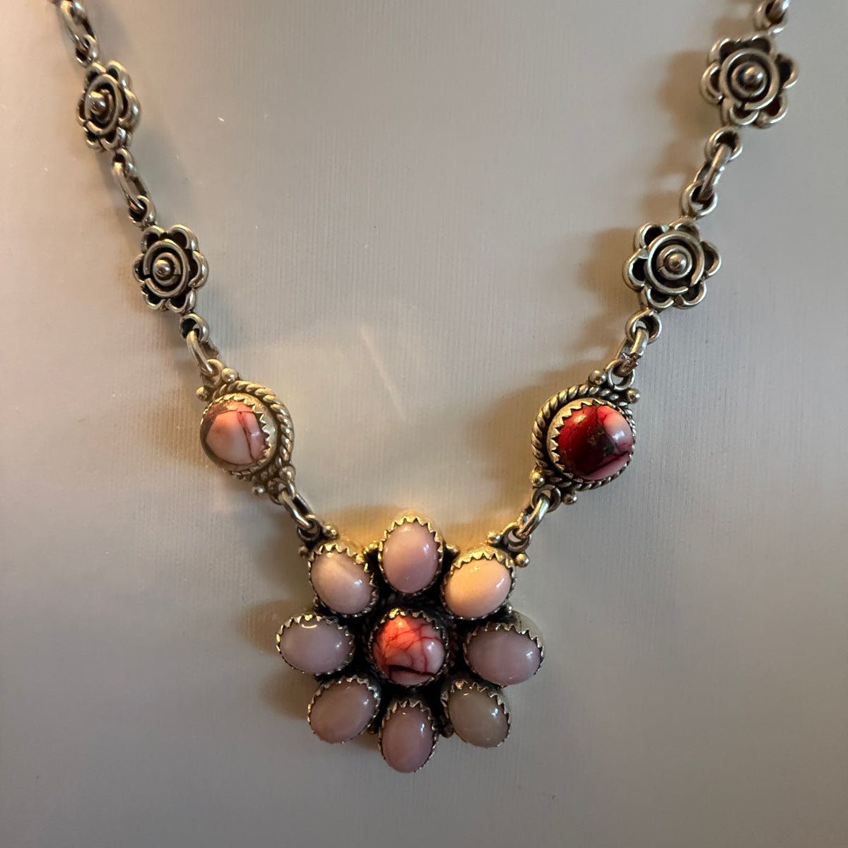 Pink Opal and Red Rose Dahlia 18 Inch Necklace in Sterling Silver Wild West Boho
