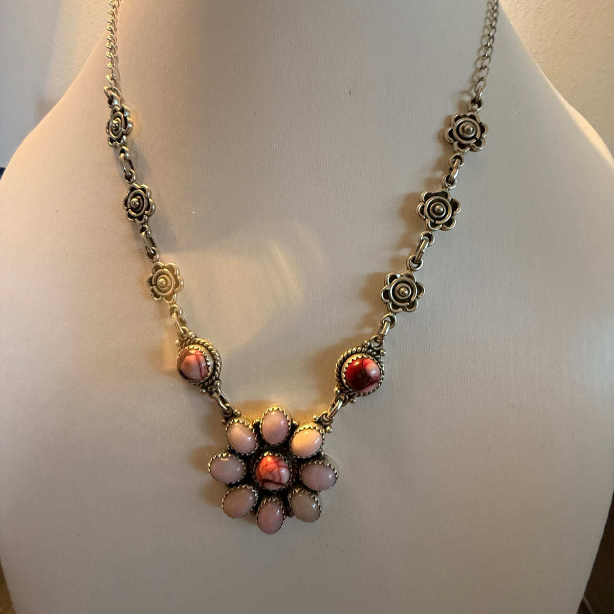Pink Opal and Red Rose Dahlia 18 Inch Necklace in Sterling Silver Wild West Boho
