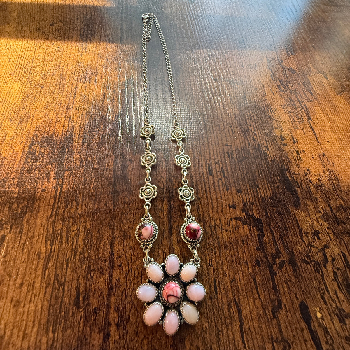 Pink Opal and Red Rose Dahlia 18 Inch Necklace in Sterling Silver Wild West Boho