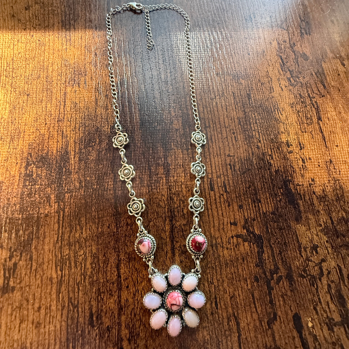 Pink Opal and Red Rose Dahlia 18 Inch Necklace in Sterling Silver Wild West Boho