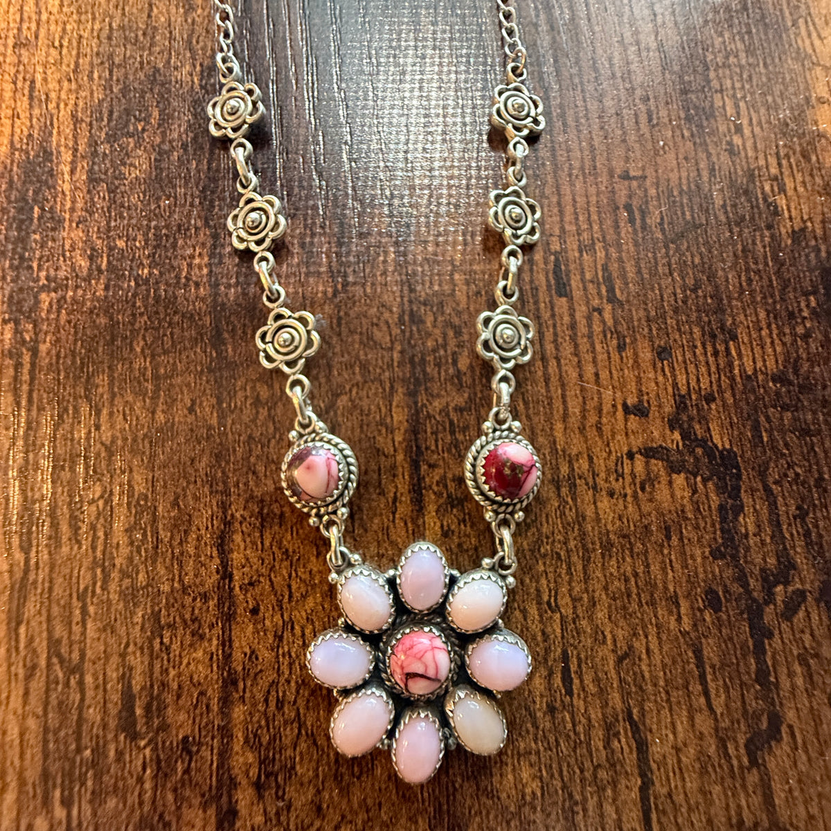 Pink Opal and Red Rose Dahlia 18 Inch Necklace in Sterling Silver Wild West Boho
