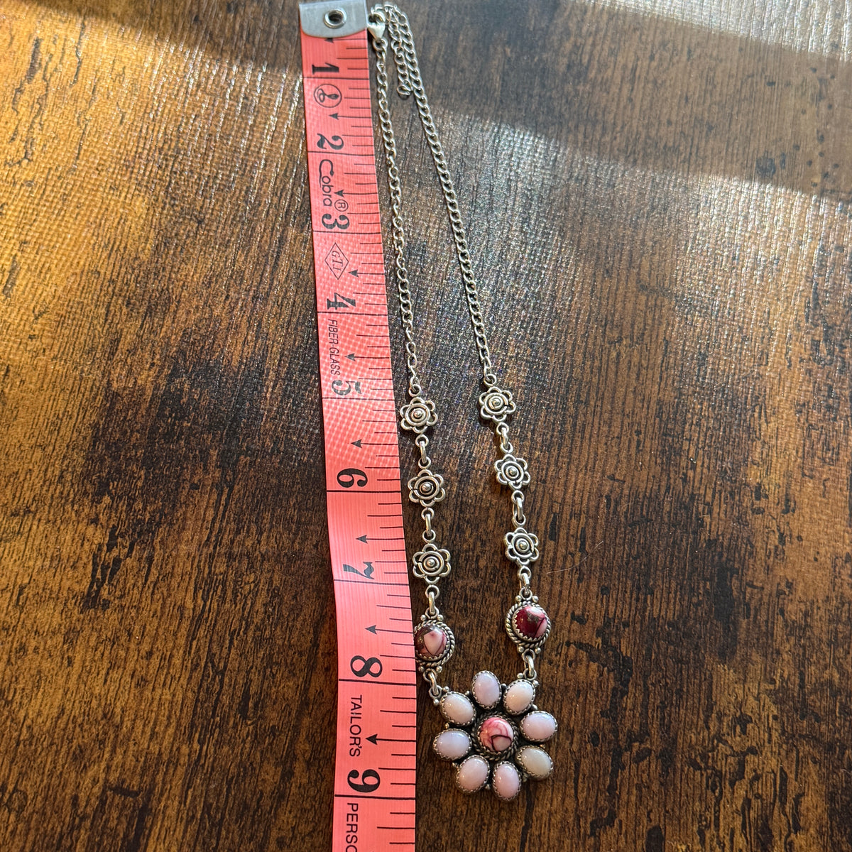 Pink Opal and Red Rose Dahlia 18 Inch Necklace in Sterling Silver Wild West Boho