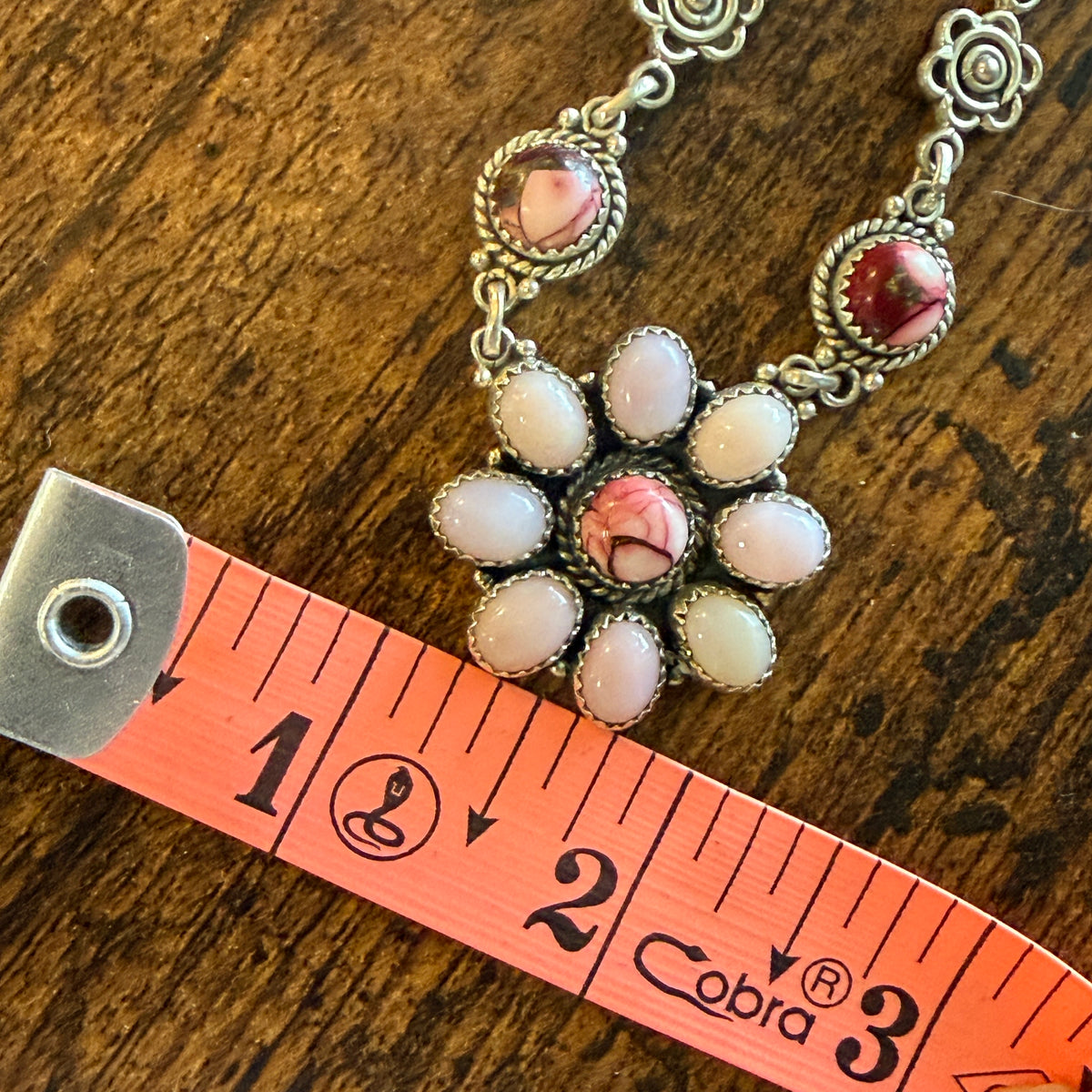 Pink Opal and Red Rose Dahlia 18 Inch Necklace in Sterling Silver Wild West Boho