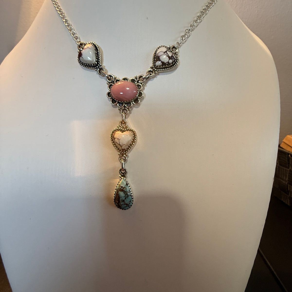 Wild Horse, Pink Conch and Golden Hills Turquoise Lariat Necklace Sterling Silver Wild West Boho