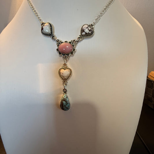 Wild Horse, Pink Conch and Golden Hills Turquoise Lariat Necklace Sterling Silver Wild West Boho