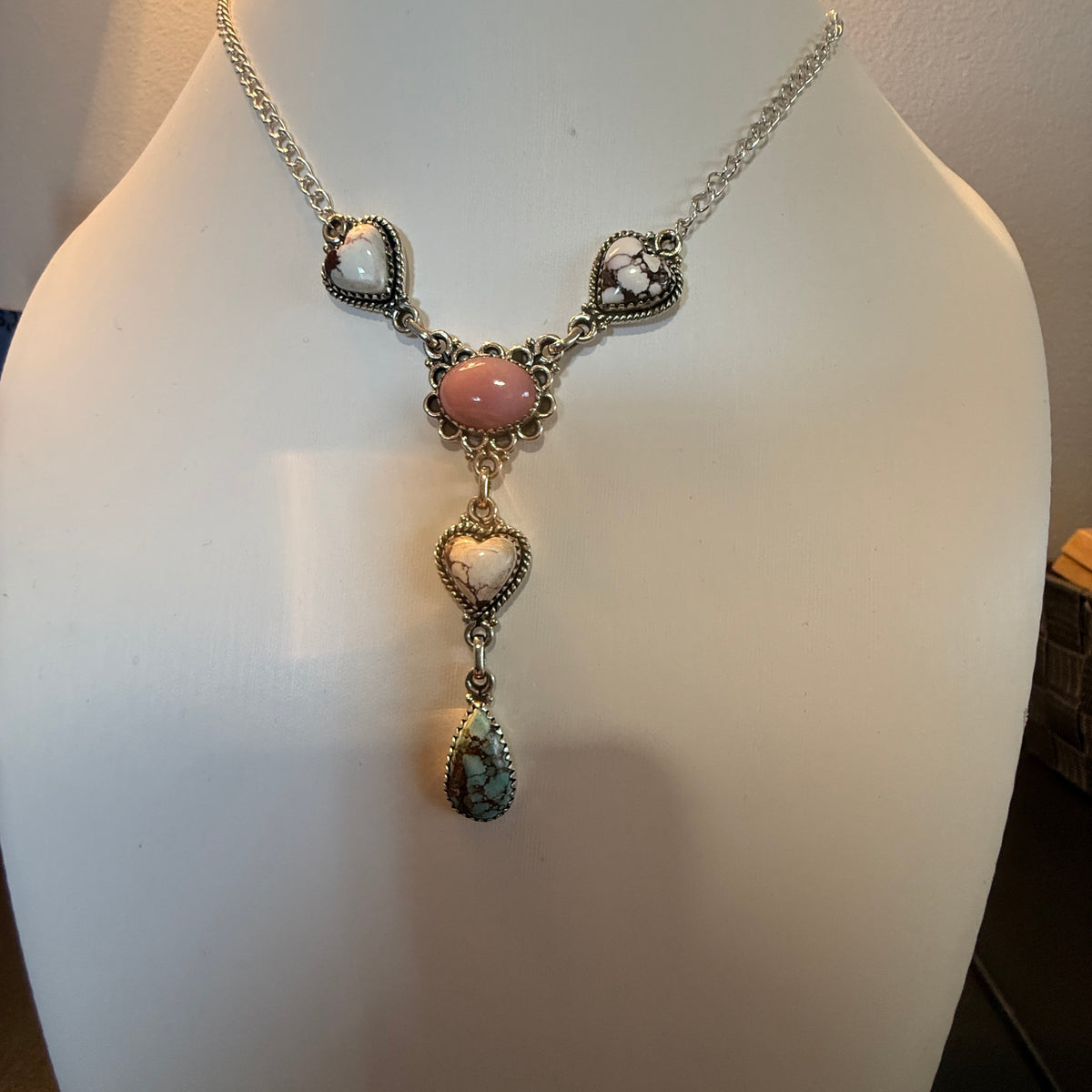 Wild Horse, Pink Conch and Golden Hills Turquoise Lariat Necklace Sterling Silver Wild West Boho