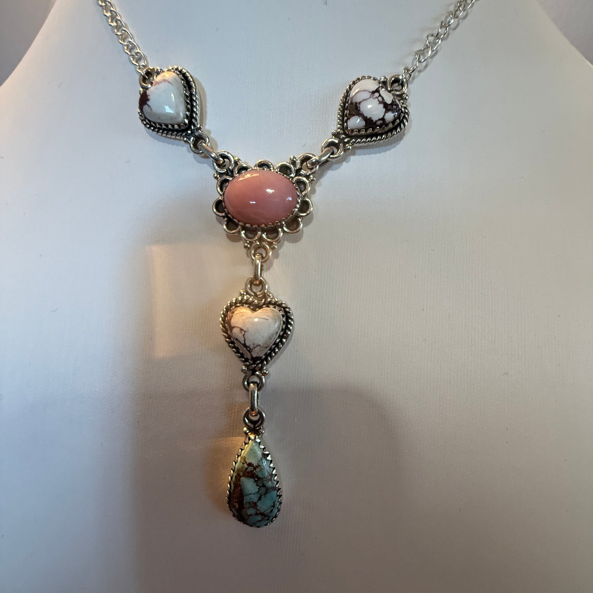 Wild Horse, Pink Conch and Golden Hills Turquoise Lariat Necklace Sterling Silver Wild West Boho