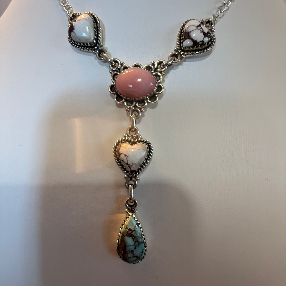 Wild Horse, Pink Conch and Golden Hills Turquoise Lariat Necklace Sterling Silver Wild West Boho