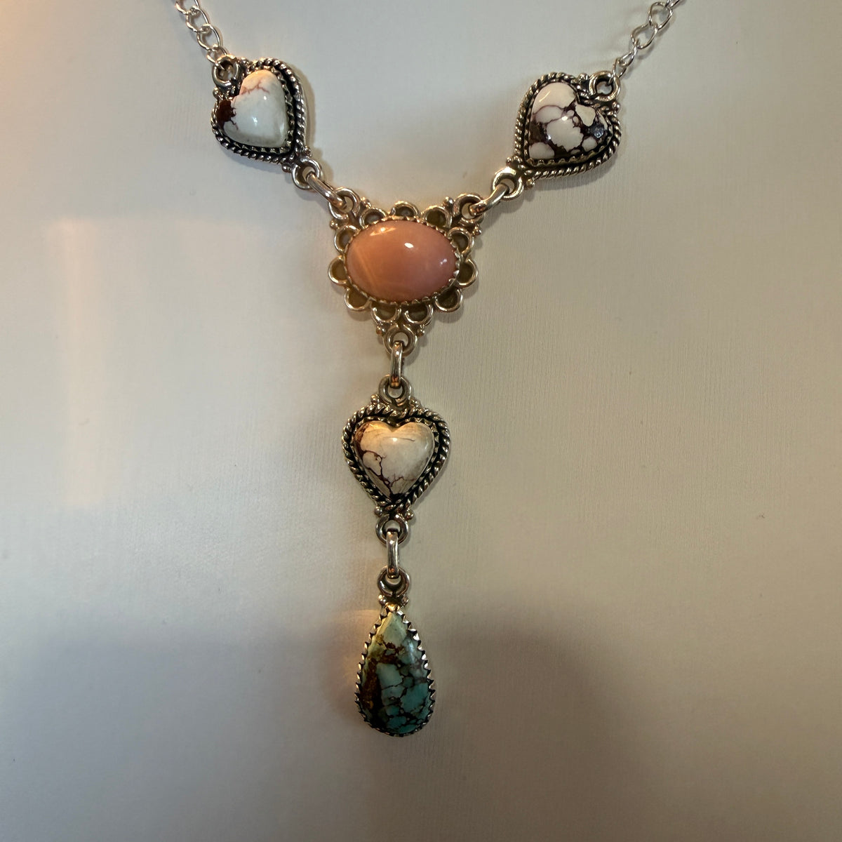 Wild Horse, Pink Conch and Golden Hills Turquoise Lariat Necklace Sterling Silver Wild West Boho