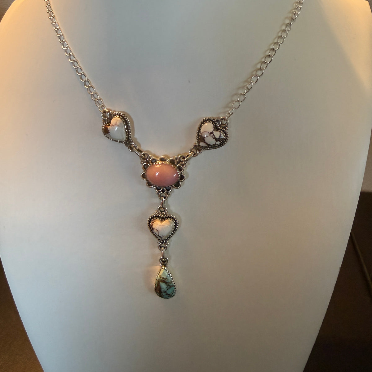 Wild Horse, Pink Conch and Golden Hills Turquoise Lariat Necklace Sterling Silver Wild West Boho