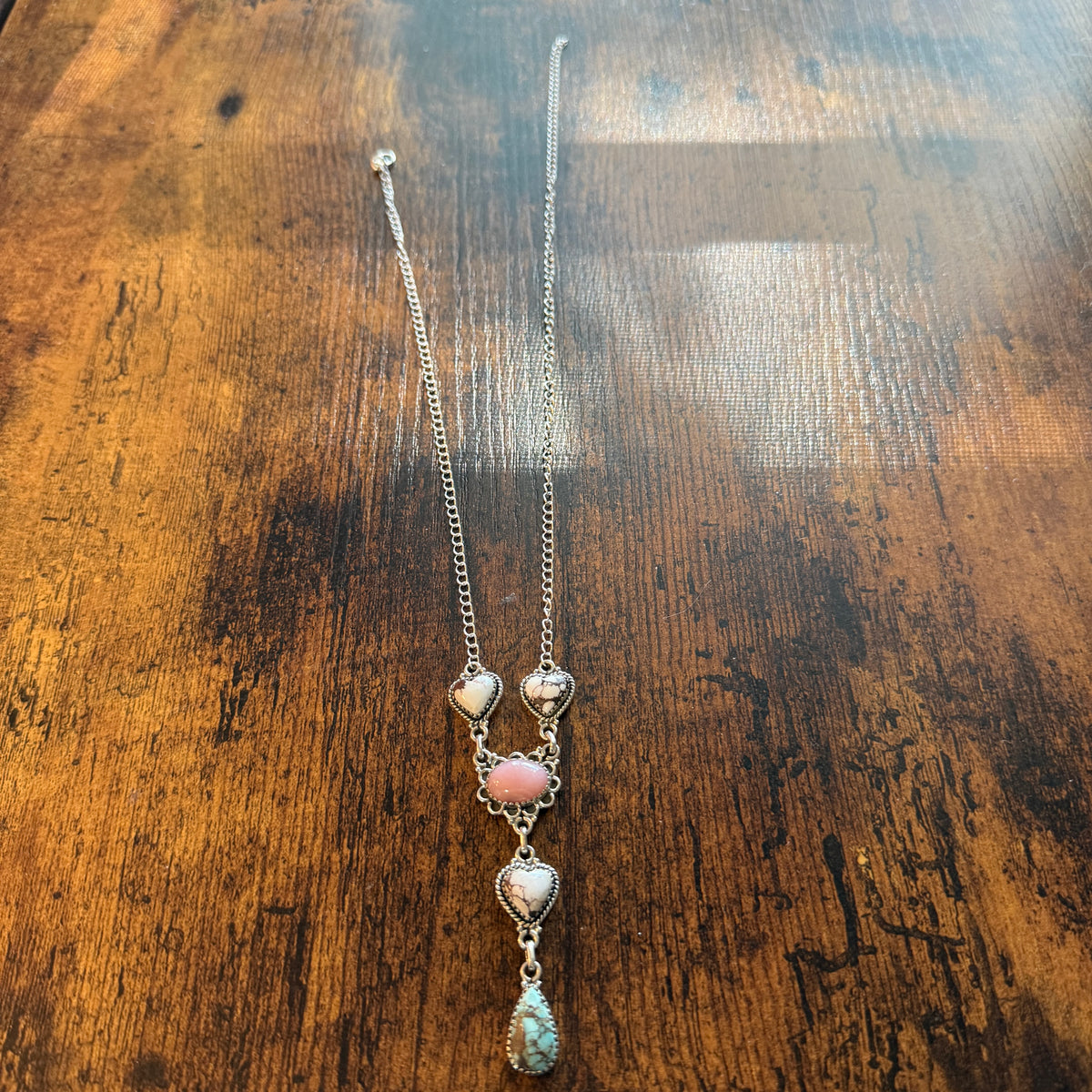 Wild Horse, Pink Conch and Golden Hills Turquoise Lariat Necklace Sterling Silver Wild West Boho
