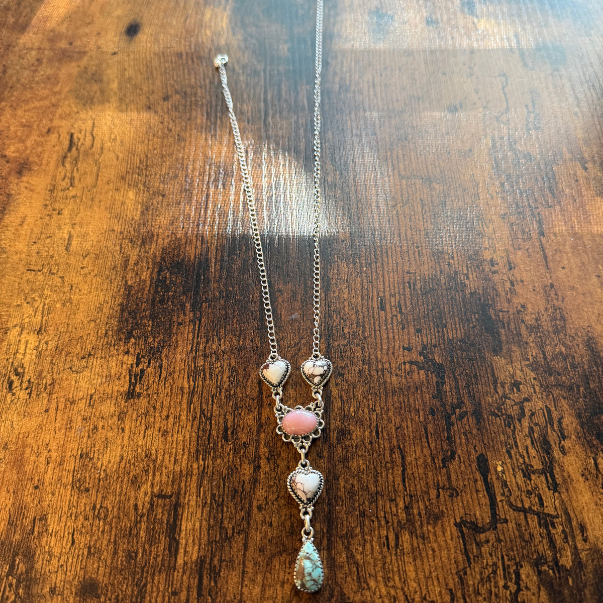 Wild Horse, Pink Conch and Golden Hills Turquoise Lariat Necklace Sterling Silver Wild West Boho