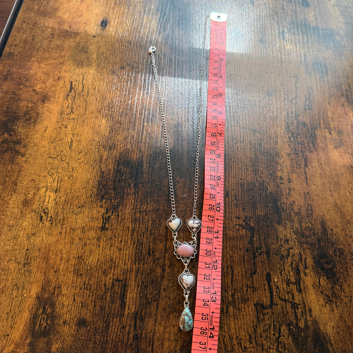 Wild Horse, Pink Conch and Golden Hills Turquoise Lariat Necklace Sterling Silver Wild West Boho