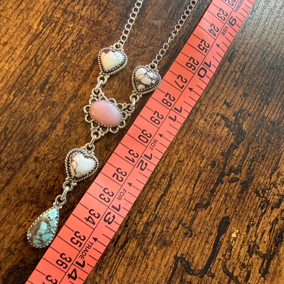 Wild Horse, Pink Conch and Golden Hills Turquoise Lariat Necklace Sterling Silver Wild West Boho