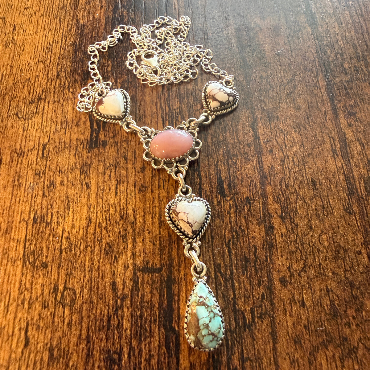 Wild Horse, Pink Conch and Golden Hills Turquoise Lariat Necklace Sterling Silver Wild West Boho
