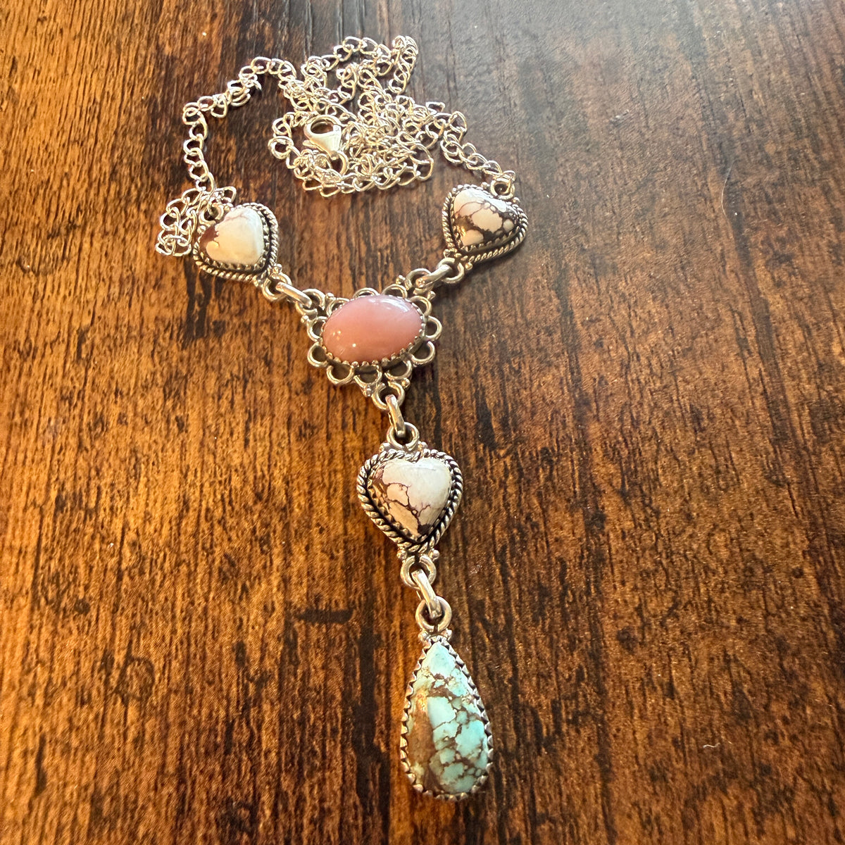 Wild Horse, Pink Conch and Golden Hills Turquoise Lariat Necklace Sterling Silver Wild West Boho