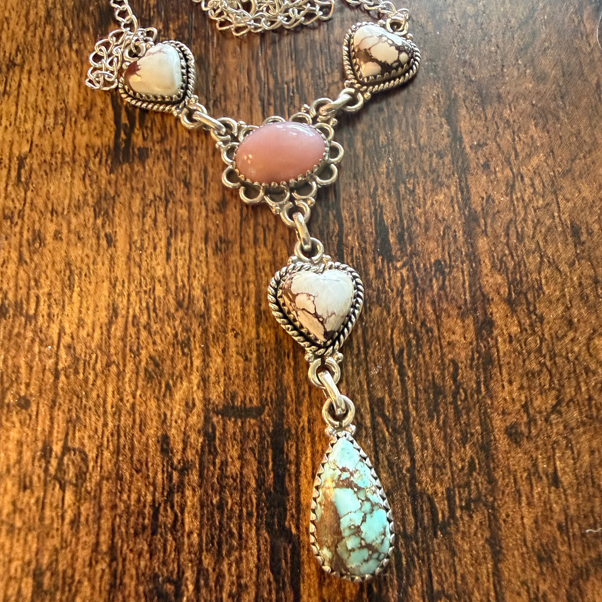 Wild Horse, Pink Conch and Golden Hills Turquoise Lariat Necklace Sterling Silver Wild West Boho