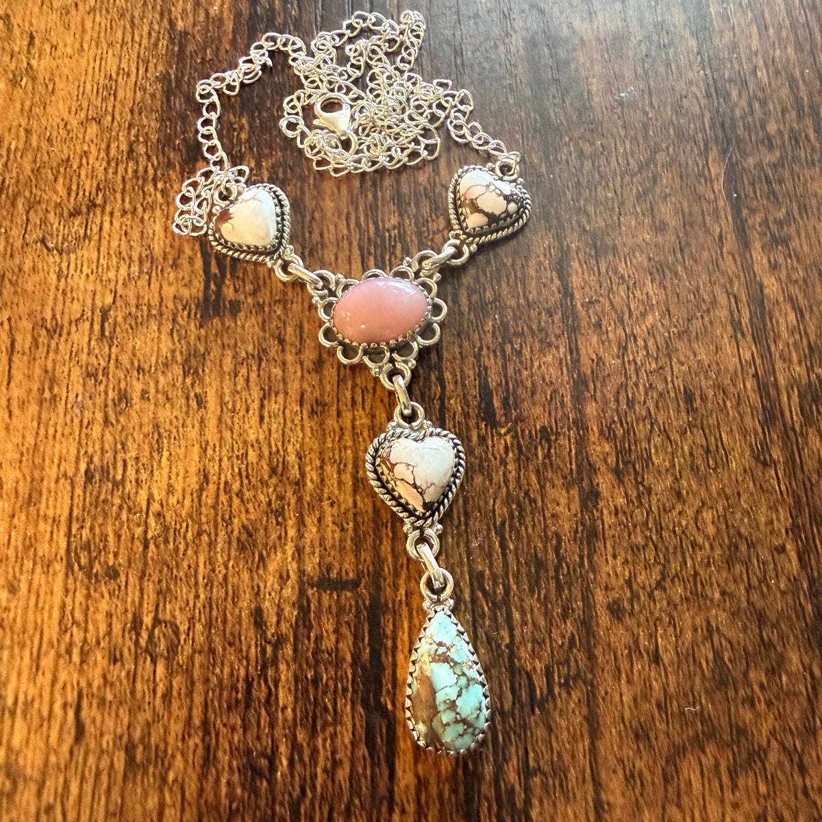 Wild Horse, Pink Conch and Golden Hills Turquoise Lariat Necklace Sterling Silver Wild West Boho