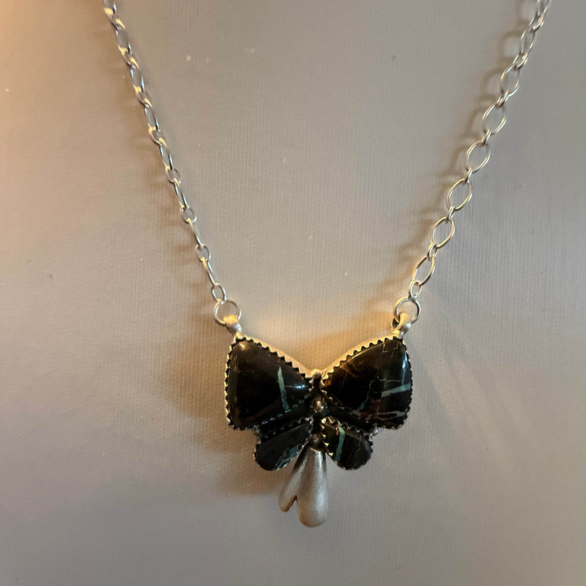 Blackjack Turquoise 18 Inch Bow Blossom Necklace in Sterling Silver Wild West Boho