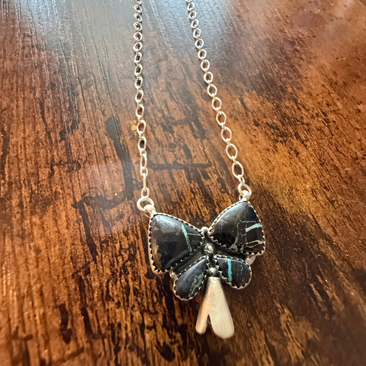 Blackjack Turquoise 18 Inch Bow Blossom Necklace in Sterling Silver Wild West Boho