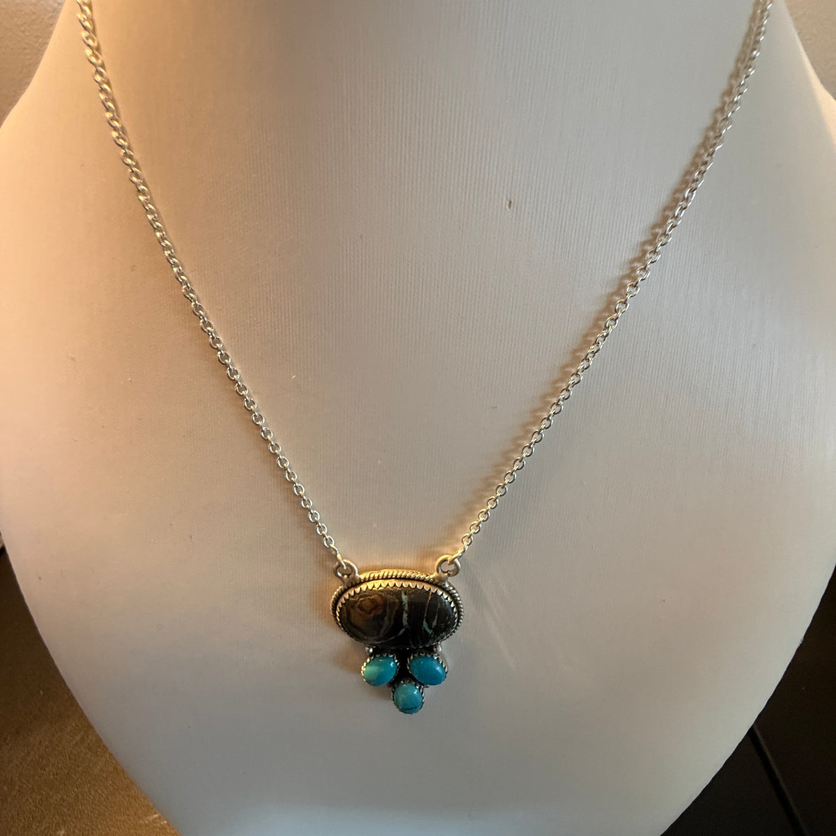 Blackjack and Kingman Turquoise Gemstones 18 Inch Necklace in Sterling Silver Wild West Boho