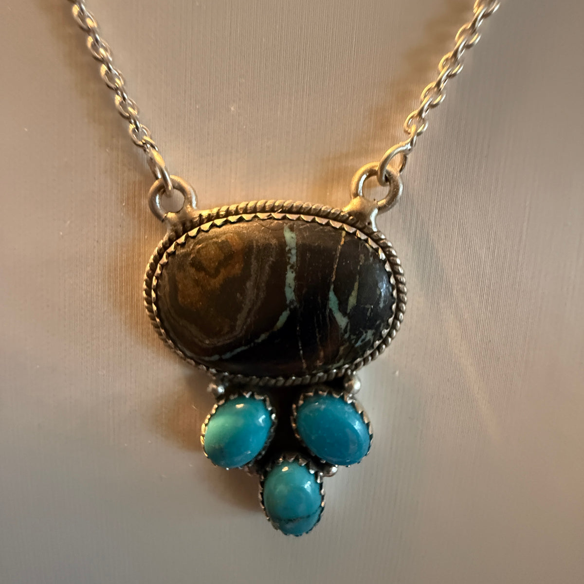 Blackjack and Kingman Turquoise Gemstones 18 Inch Necklace in Sterling Silver Wild West Boho