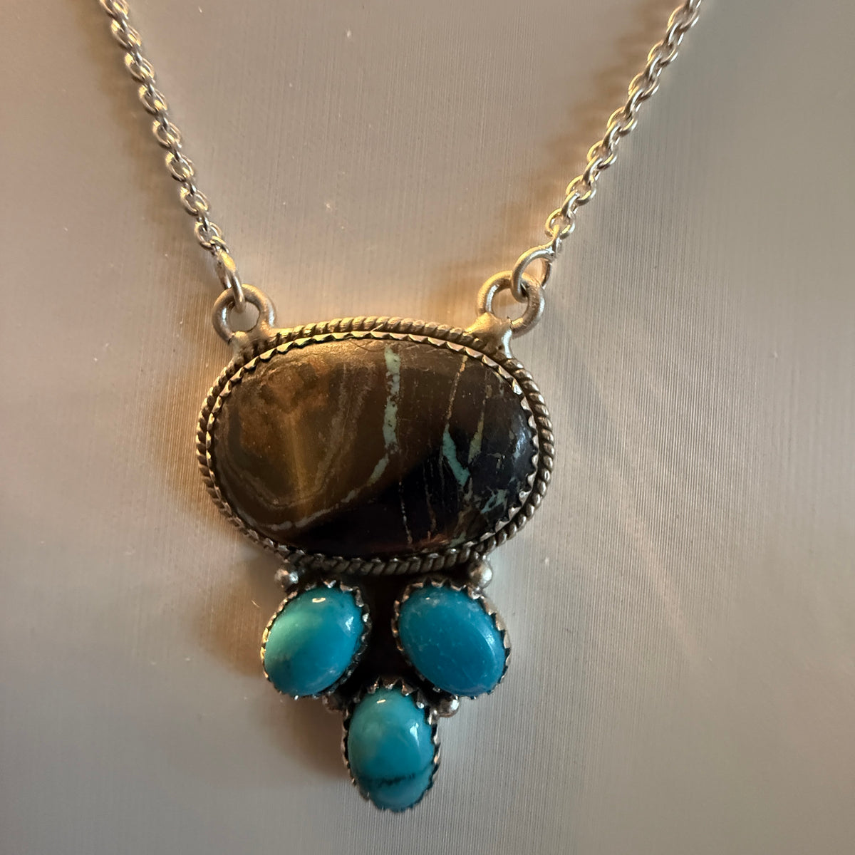 Blackjack and Kingman Turquoise Gemstones 18 Inch Necklace in Sterling Silver Wild West Boho