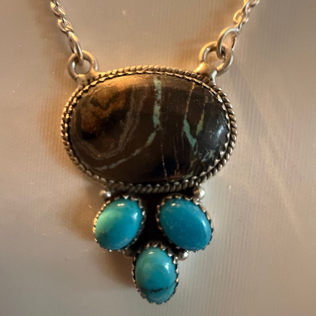 Blackjack and Kingman Turquoise Gemstones 18 Inch Necklace in Sterling Silver Wild West Boho