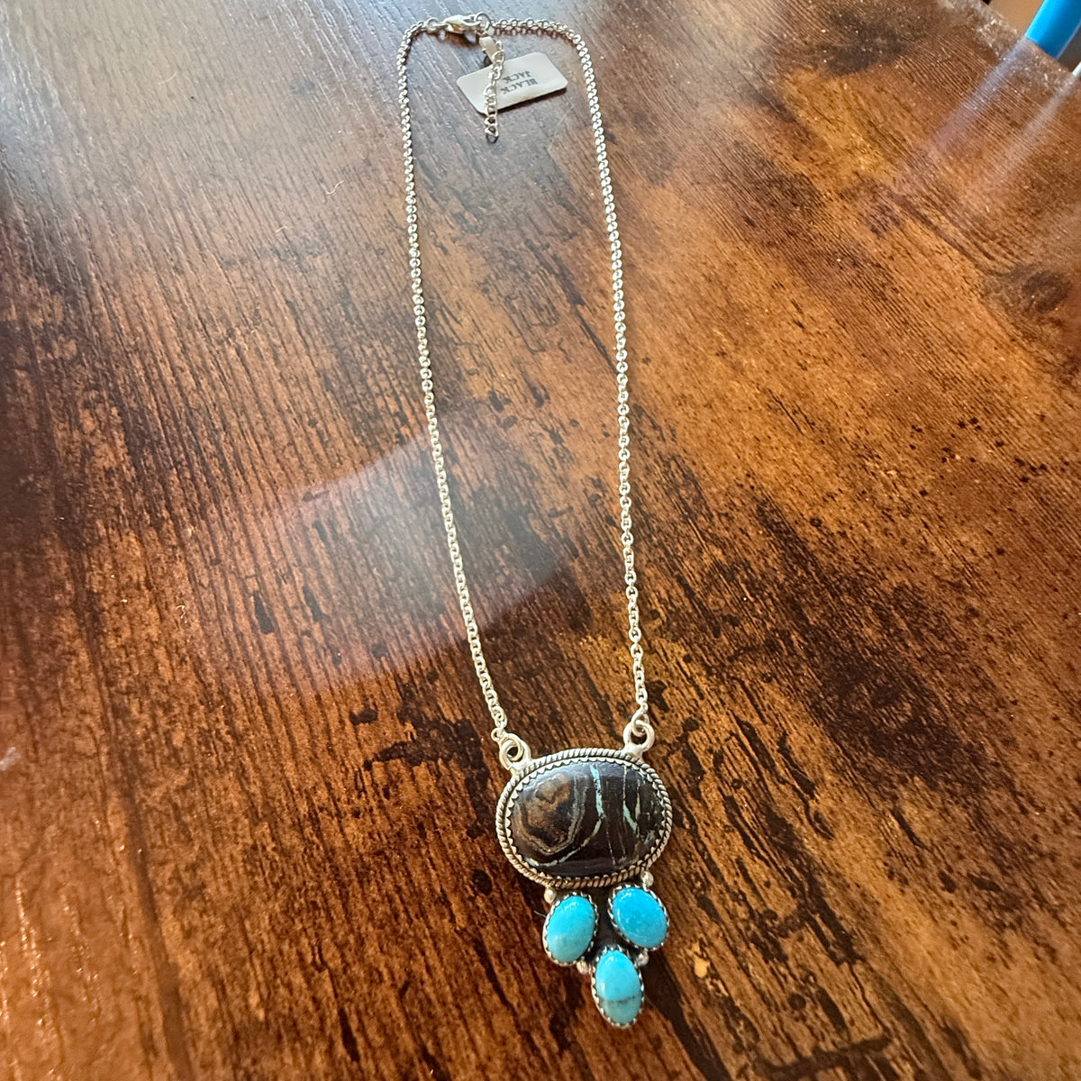 Blackjack and Kingman Turquoise Gemstones 18 Inch Necklace in Sterling Silver Wild West Boho