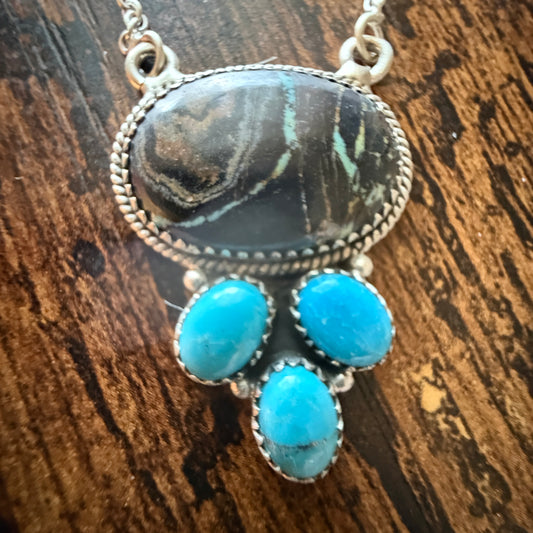 Blackjack and Kingman Turquoise Gemstones 18 Inch Necklace in Sterling Silver Wild West Boho
