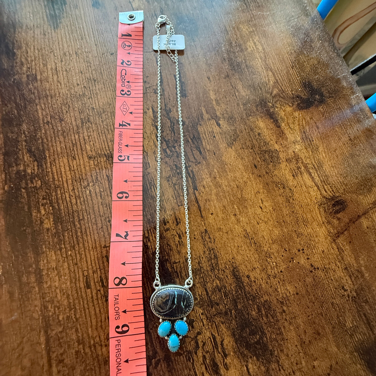 Blackjack and Kingman Turquoise Gemstones 18 Inch Necklace in Sterling Silver Wild West Boho