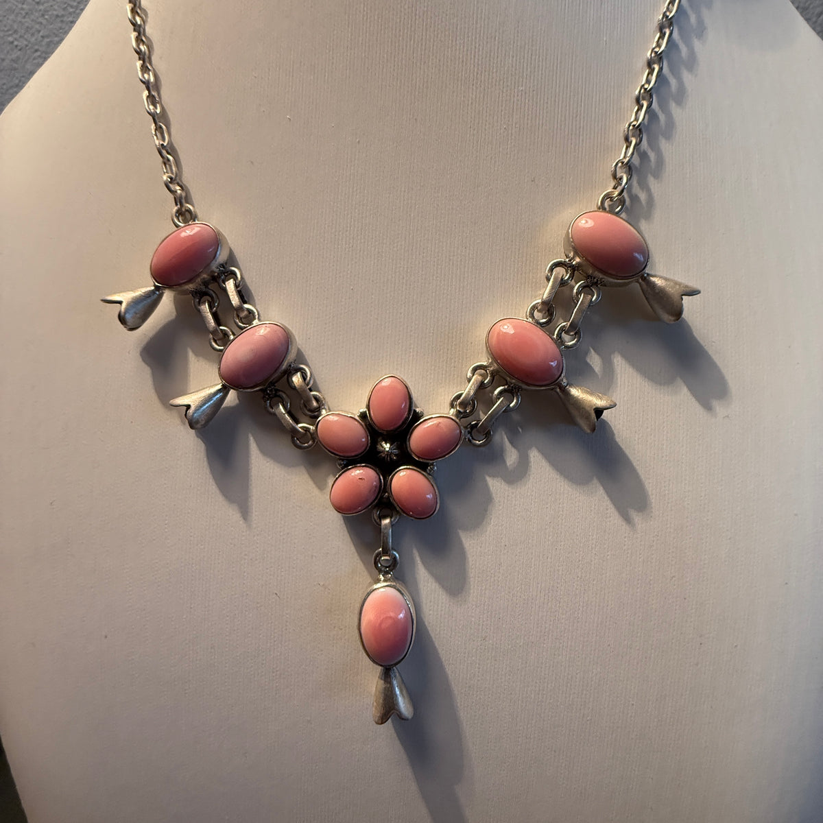 Queen Pink Conch Gemstone 20 Inch Blossom Necklace in Sterling Silver Wild West Boho